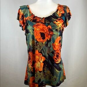 Lucy & Laurel Knit Blouse Women's Size M Vintage Cap Sleeve Floral Print Top